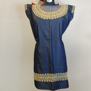Handcrafted Blue embroidery 🪡 cotton mini dress 👗 size M